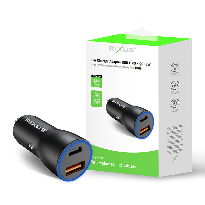 Rixus RXCC12 USB-C PD 20W + QC3.0 Car Charger 18W Black