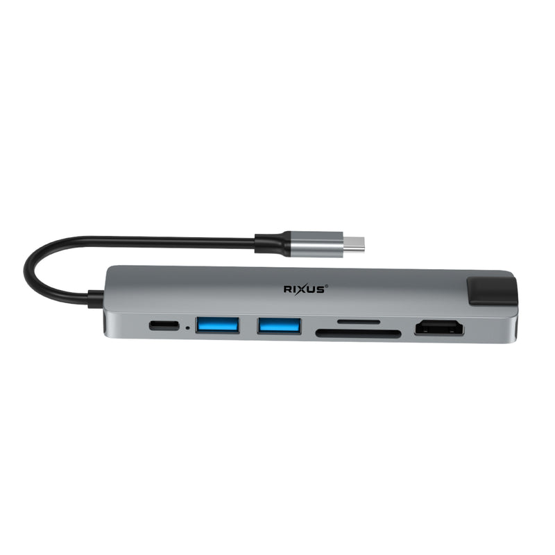 Rixus RXHU08 USB Type-C To Ethernet Adaptor With Docking Station Grey