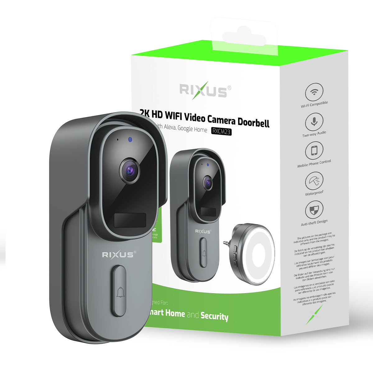 Rixus Wireless Battery Powered Doorbell With Camera Gray