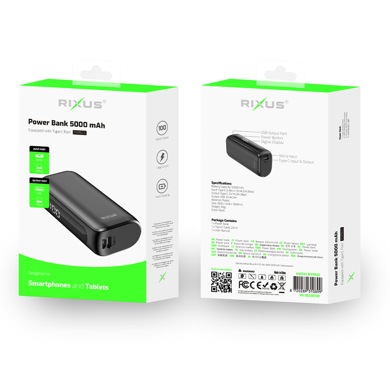 Rixus RXPB23 Compact Powerbank Digital Display 5000mAh Black