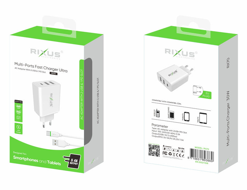 Rixus RX70 Multi-Ports Fast Charger Ultra With Cable 30W 100CM White