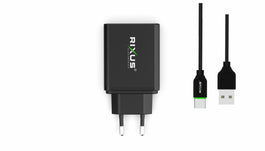 Rixus RX70B Dual USB And PD Charger With USB To USB-C Cable Black