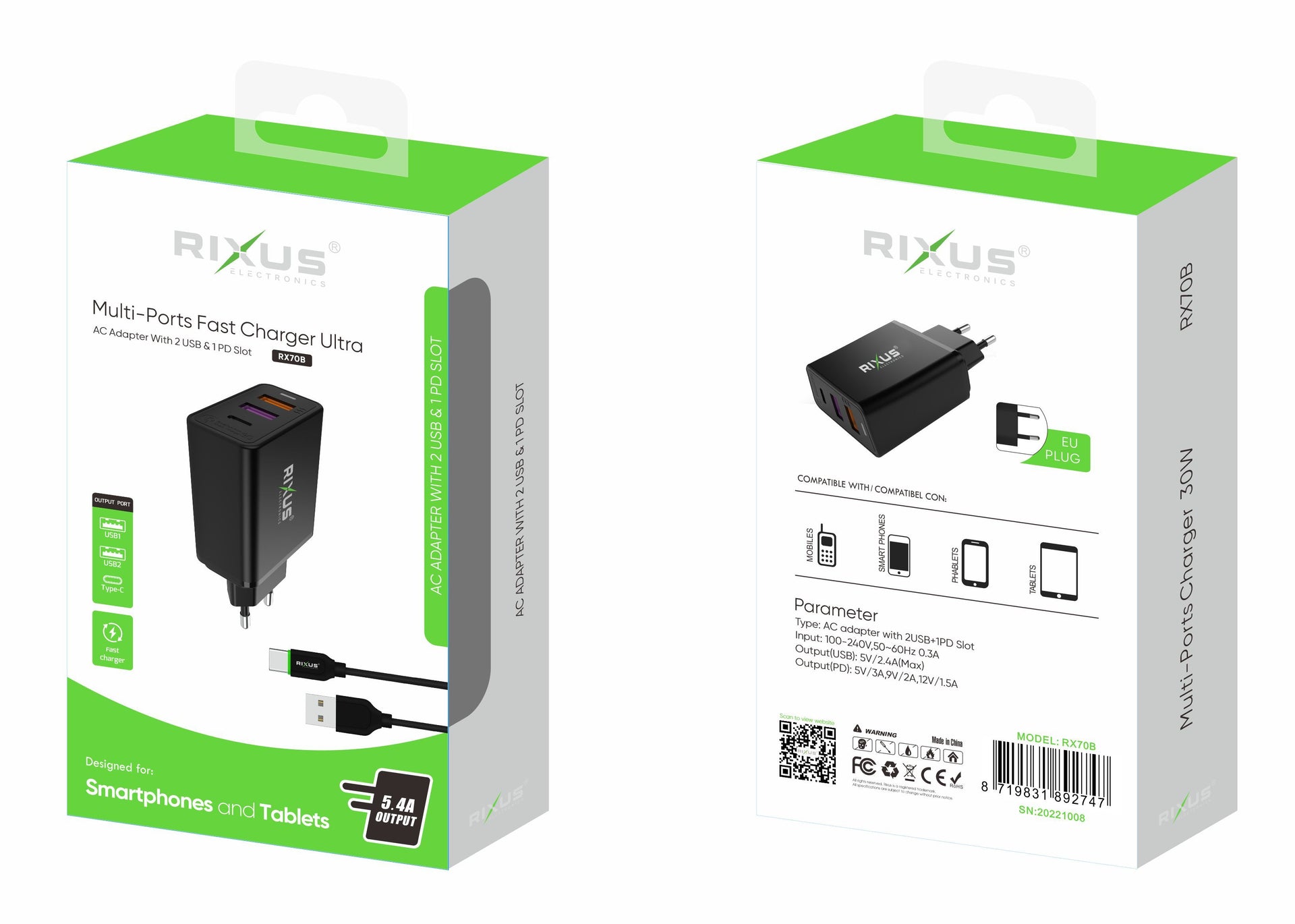 Rixus RX70B Dual USB And PD Charger With USB To USB-C Cable Black