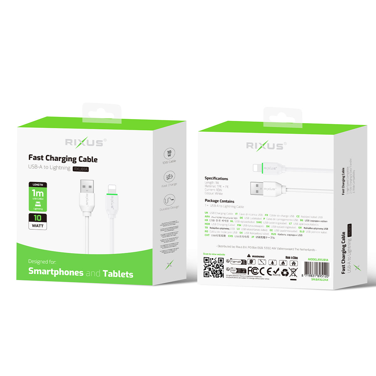 Rixus RXU81A Boost Data Cable Lightning Connector 1m White