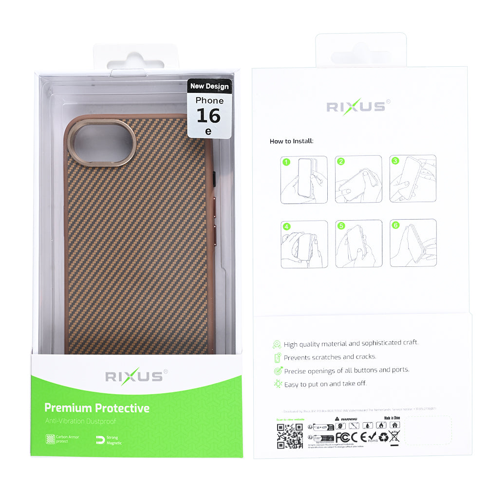 Rixus Mag Carbon With MagSafe Compatible For Apple iPhone 16e, 17e Brown