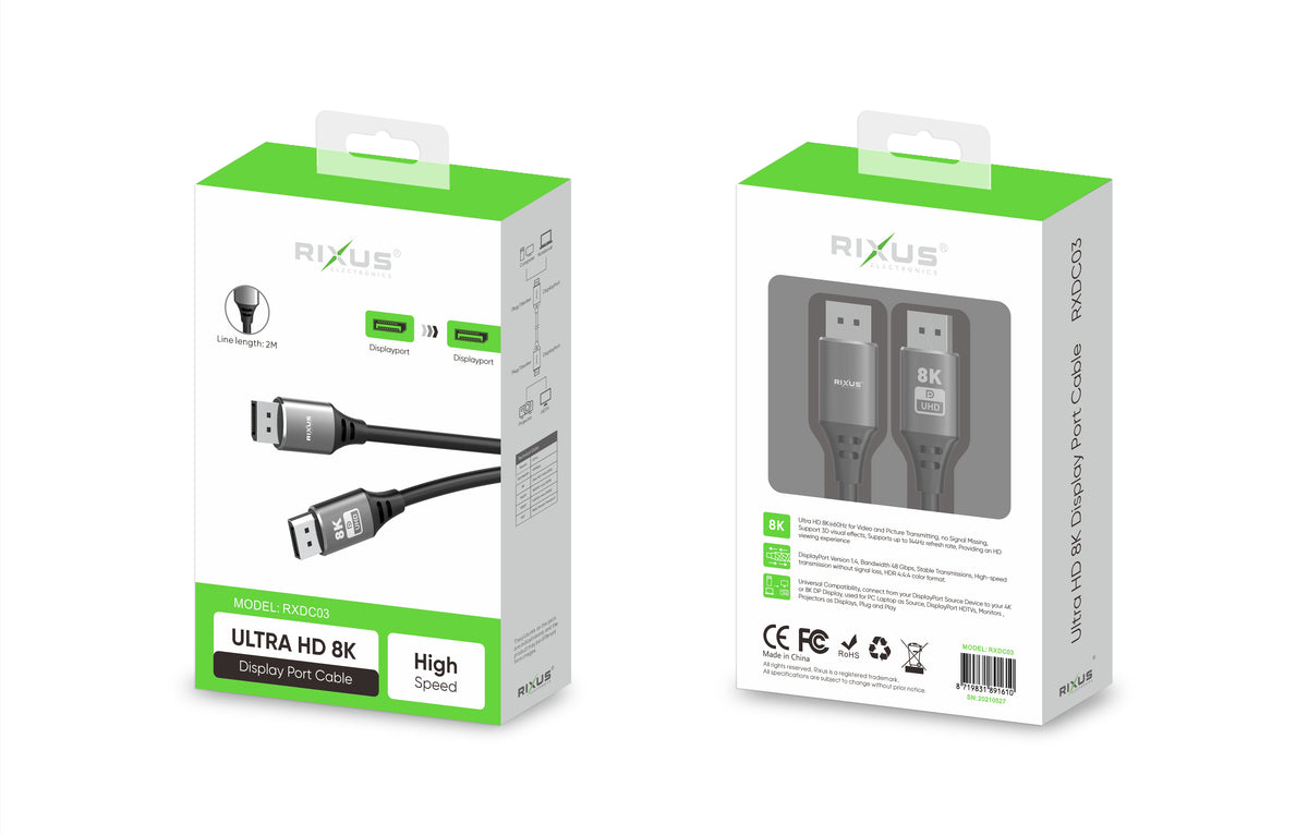 Rixus RXDC03 Display Port Cable DP To DP 2m 8K